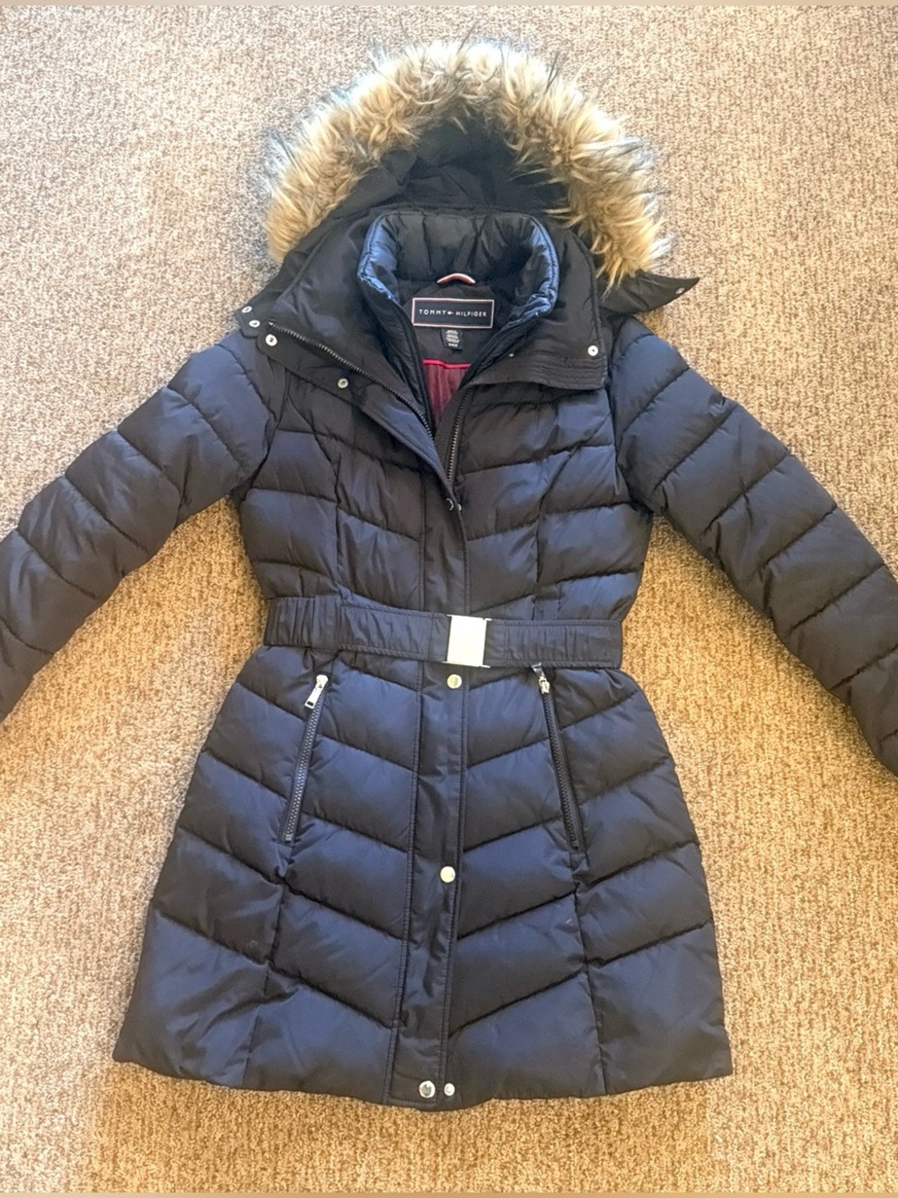 Black Tommy Hilfiger Quilted Puff Long Coat with Faux Fur Hood